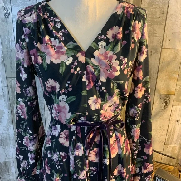 Gal Meets Glam Floral Long Sleeve Dress - Black and Pink. Size 6 - Picture 2 of 7
